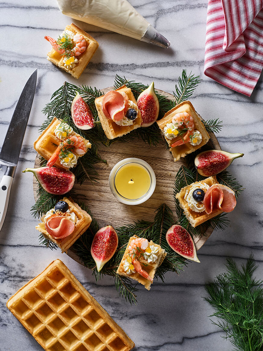 Brussels Waffles Crown with Figs and Shrimps